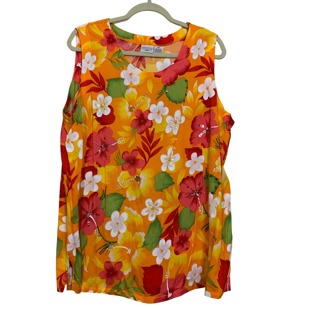 Carolina Colours Plus Womens 18W Tropical Floral Sequin Sleeveless Blouse Orange